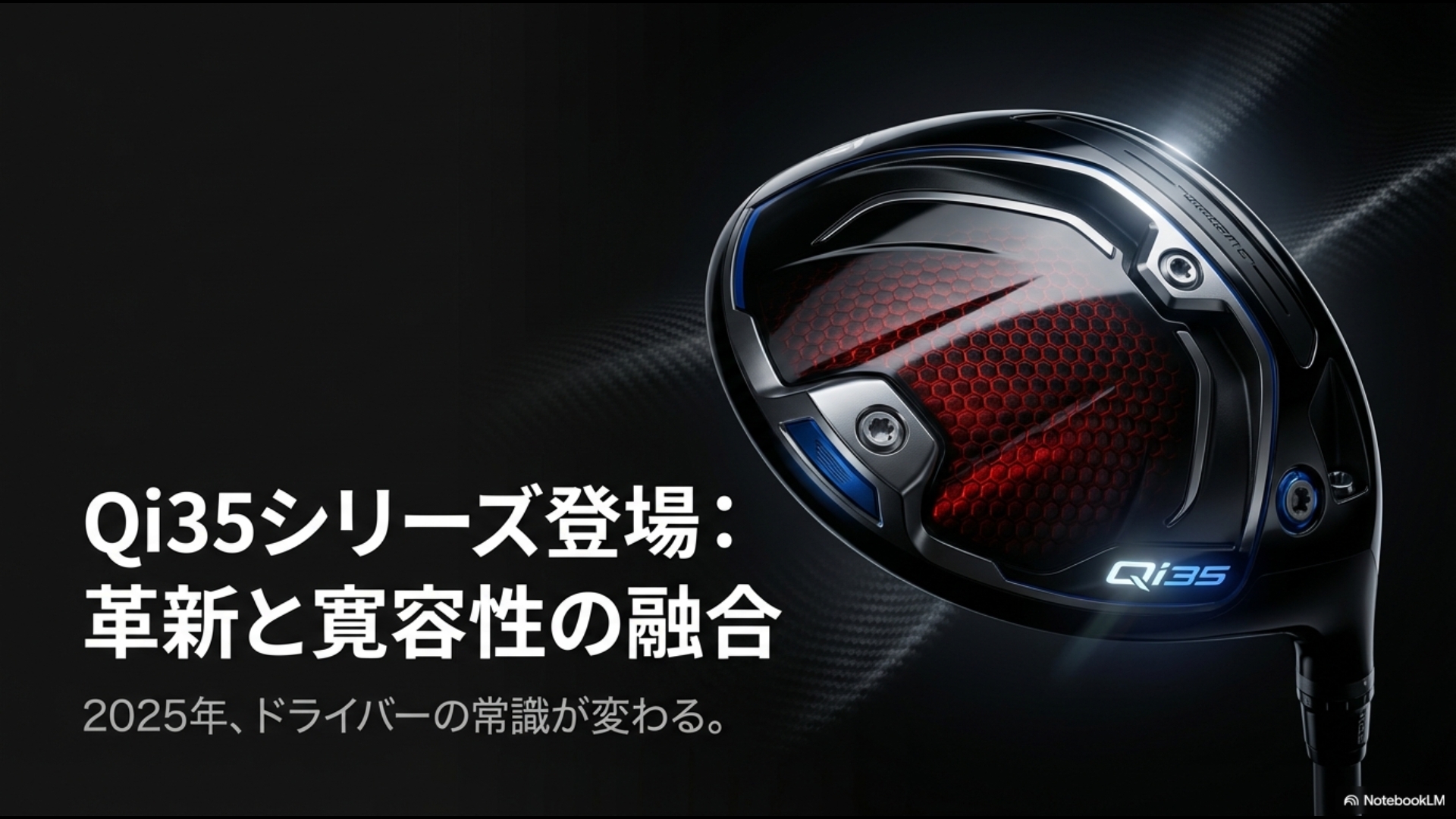 革新と寛容性の融合をテーマにしたテーラーメイドの最新作、Qi35シリーズドライバーの紹介スライド。