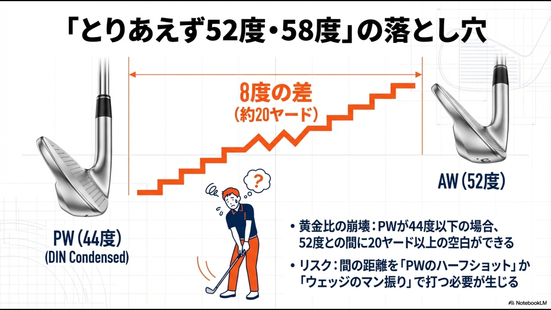 PWが44度の場合、52度との間に8度のロフト差(約20ヤード의 空白)が生まれ、コントロールショットを強いられるリスクを説明する画像。