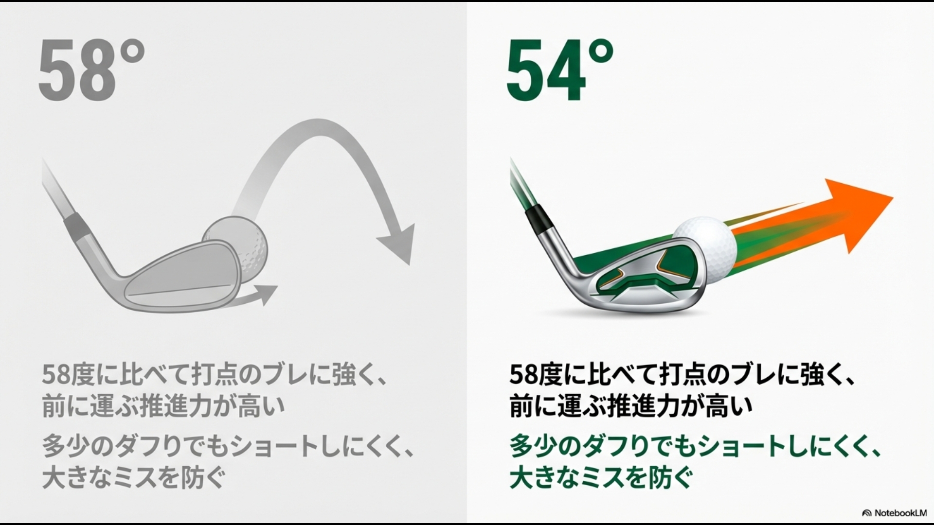 54度ウェッジが58度よりも打点のブレに強く、推進力が高いことでミスを防ぐことを説明する比較スライド。