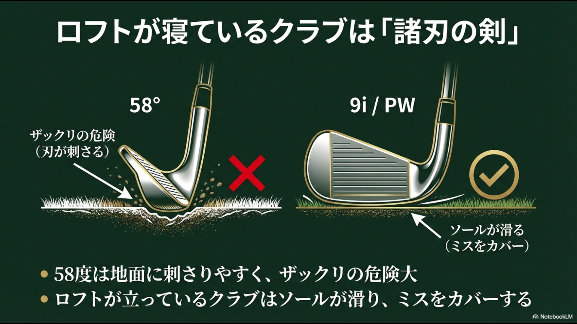 ロフトが寝ている58度ウェッジの刃が刺さるリスクとロフトが立っている9番アイアンのソールが滑るメリットの比較イラスト
