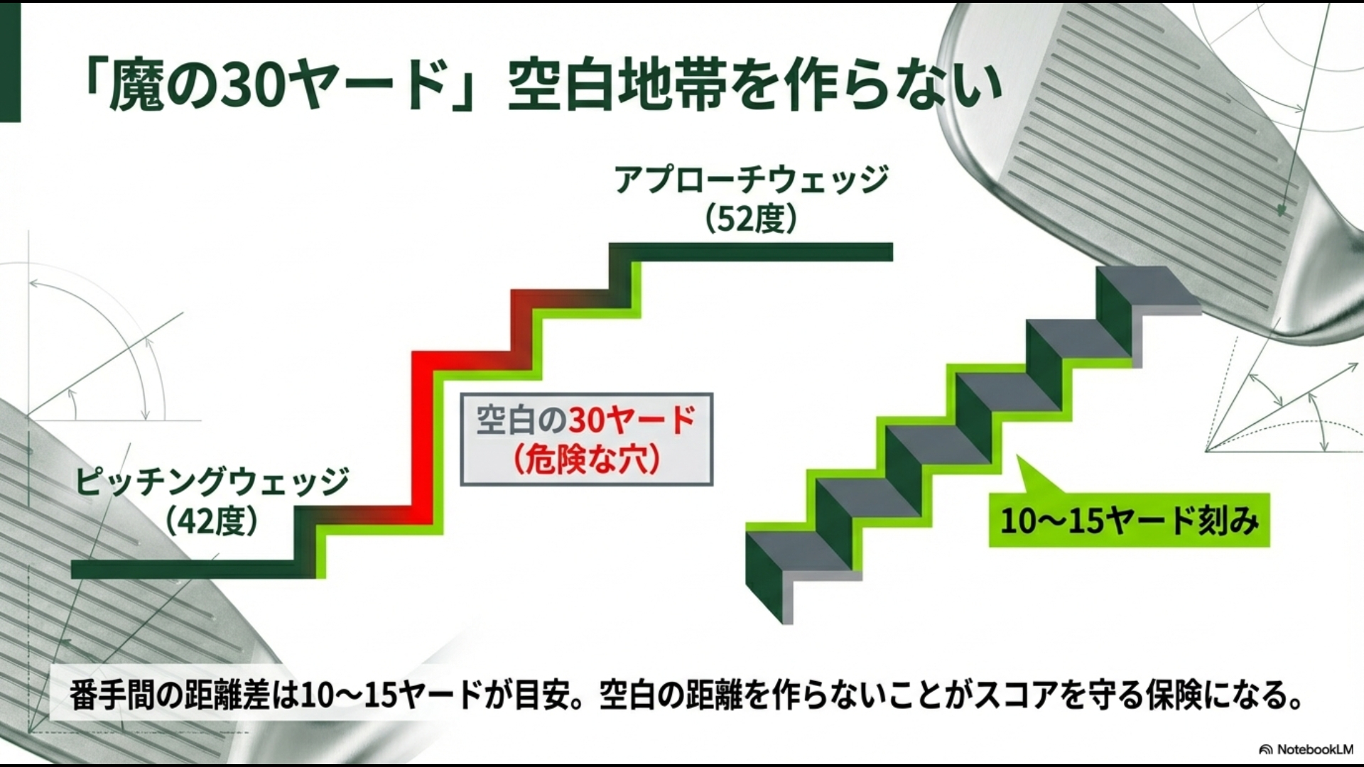 ピッチングウェッジとアプローチウェッジの間に生じる飛距離の空白リスクを解説する図