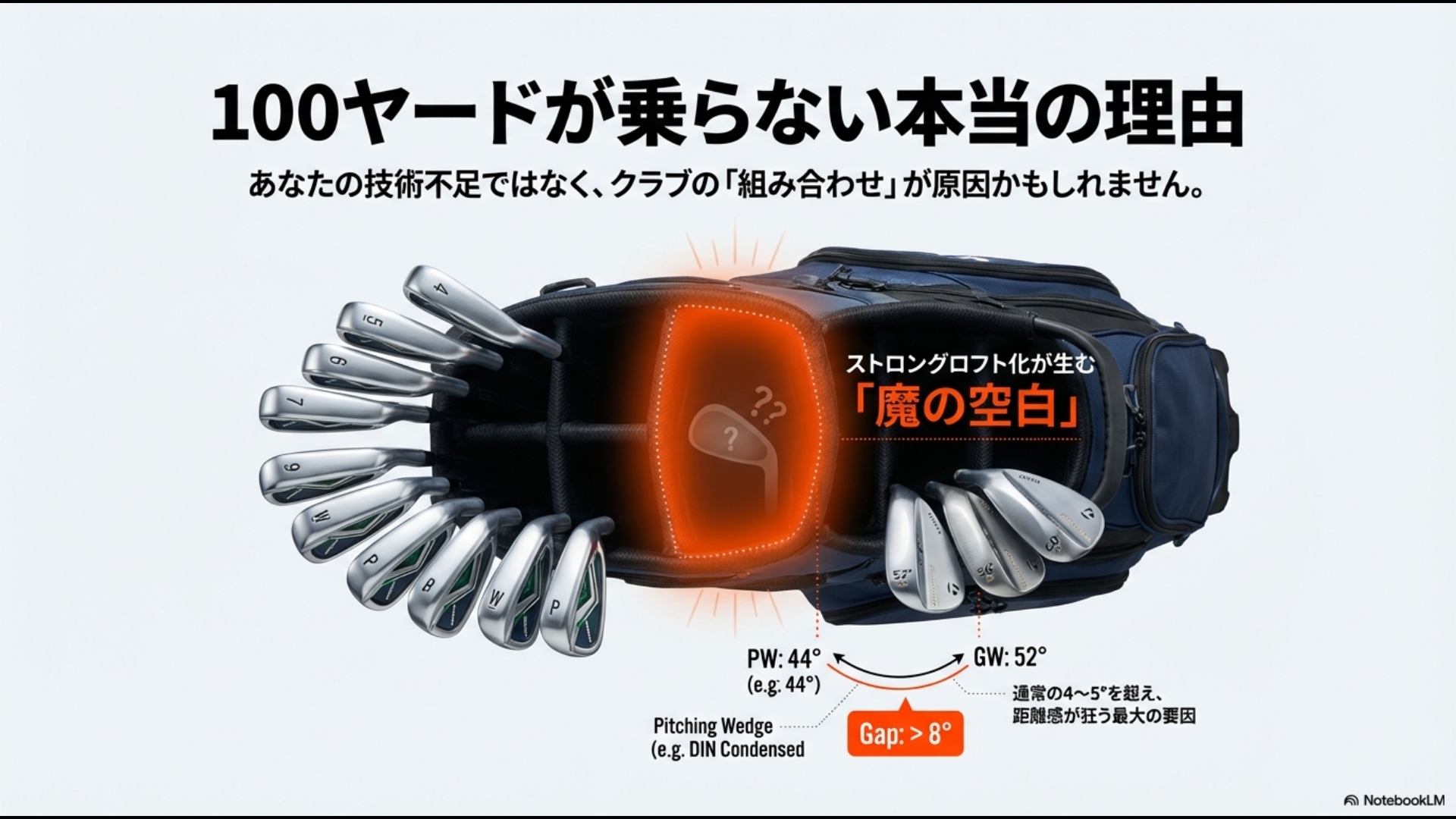 100ヤードが乗らない本当の理由が技術不足ではなく、ピッチングウェッジ以下のクラブの組み合わせ(セッティング)にあることを示す導入画像。