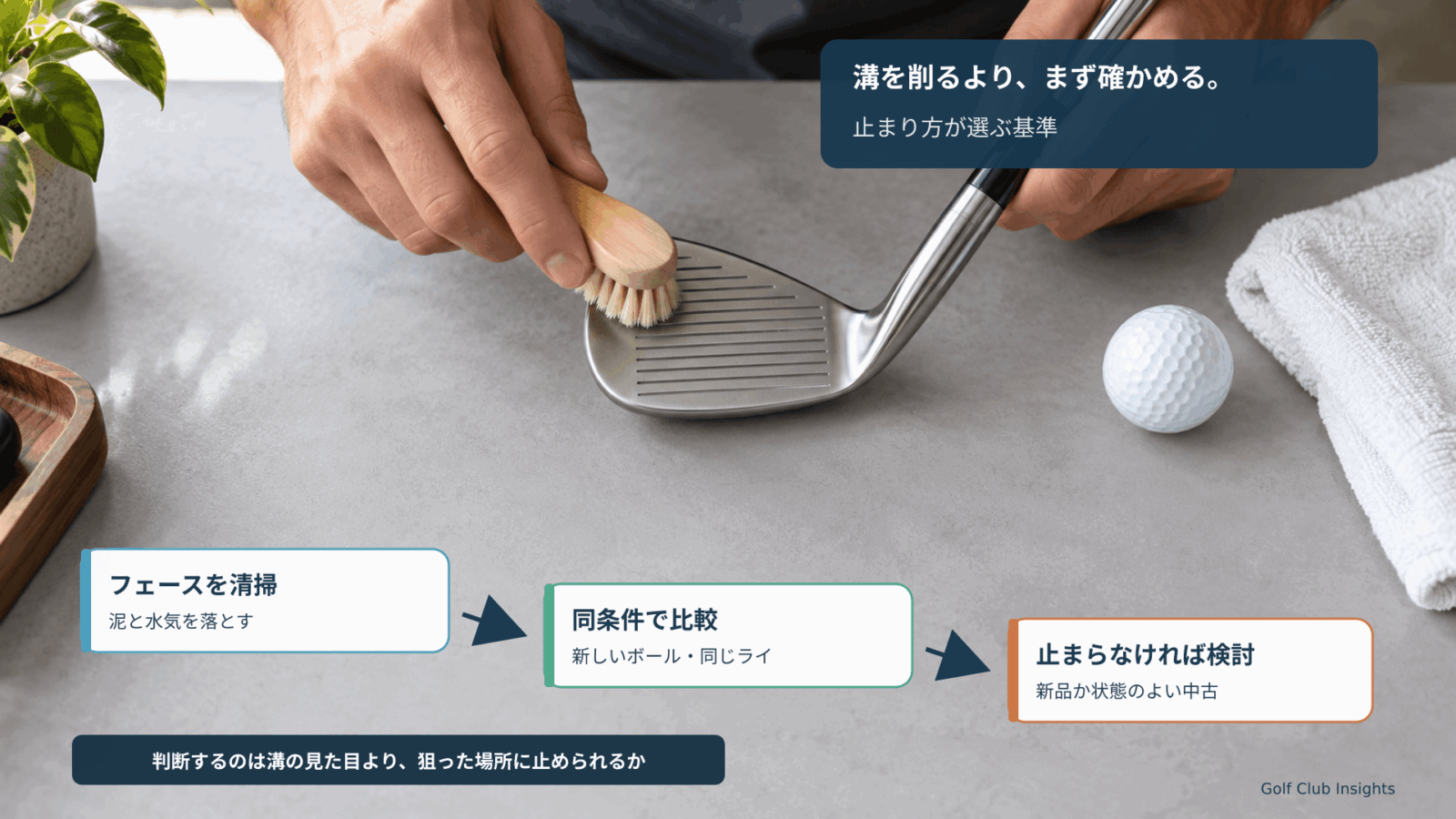 柔らかいブラシでウェッジを清掃し、同条件で止まり方を確かめてから買い替えを判断するまとめ