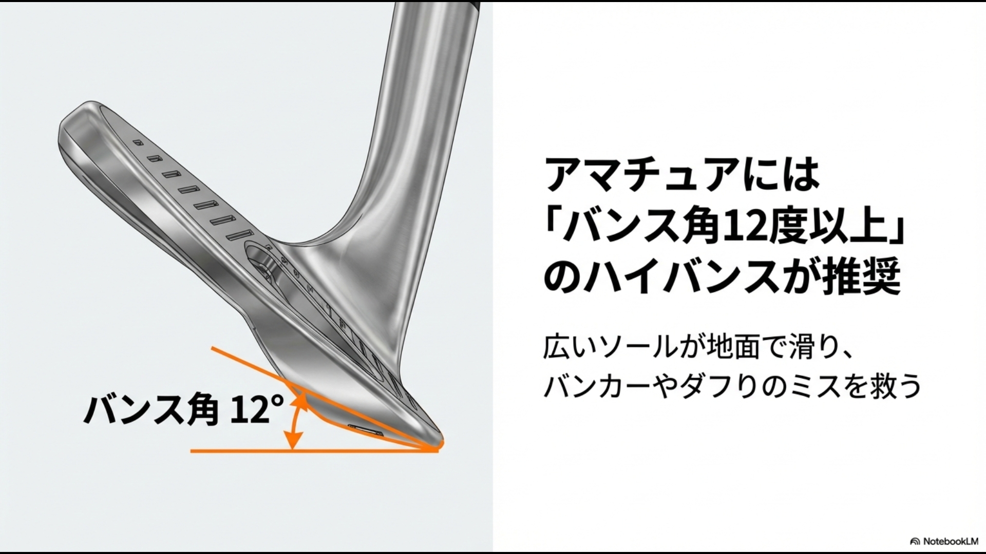 アマチュアに推奨されるバンス角12度以上のハイバンスが、ダフりのミスを救う仕組みの解説図。