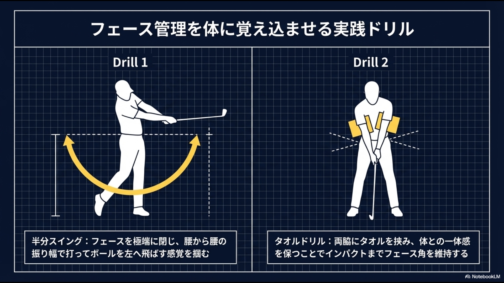 腰から腰の振り幅で打つハーフスイングドリルと、両脇にタオルを挟んで体との一体感を保つタオルドリルの手順図