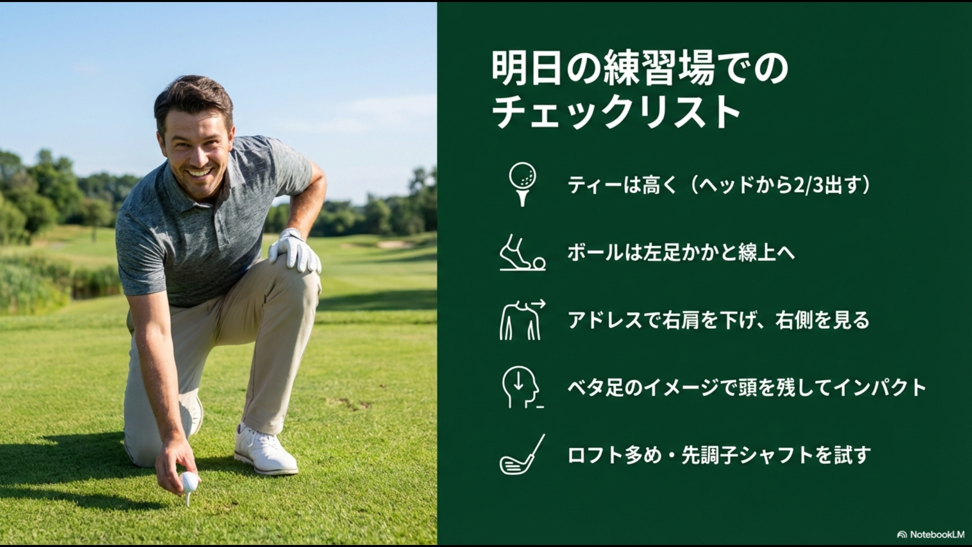 ティーの高さ、ボール位置、アドレス、インパクト、ギア設定の5つのポイントをまとめた練習チェックリスト