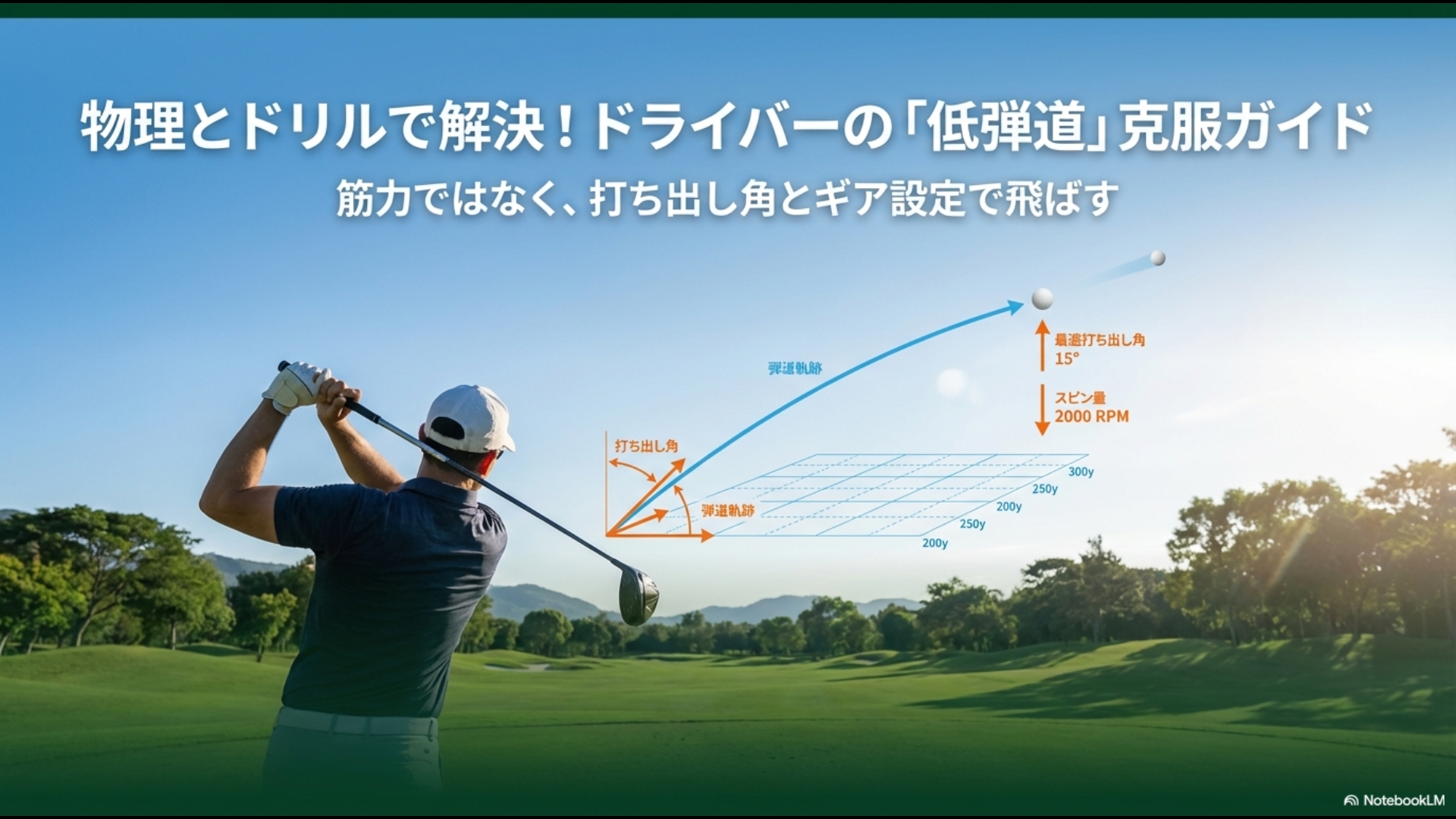 ドライバーの低弾道を物理的なメカニズムと練習ドリルで解決するための解説スライド表紙