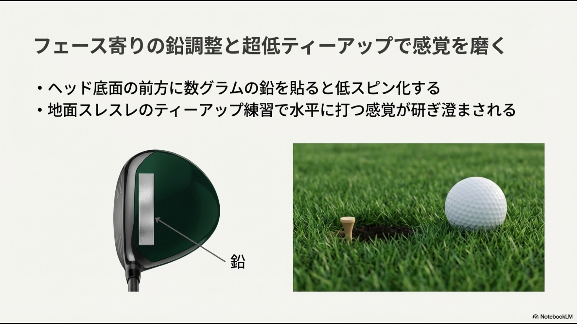 ドライバーソール前方への鉛の貼り方と地面スレスレのティーアップ練習の様子