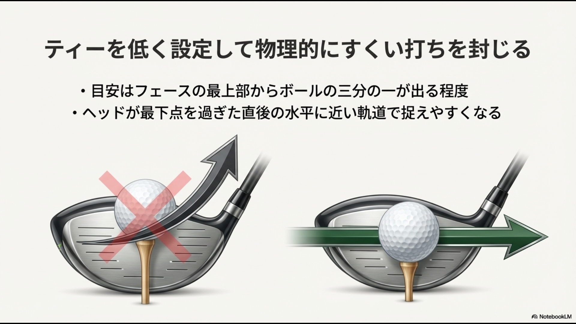 高いティーと低いティーでのヘッド軌道の違いと、低いティーがレベルブローを促す比較図