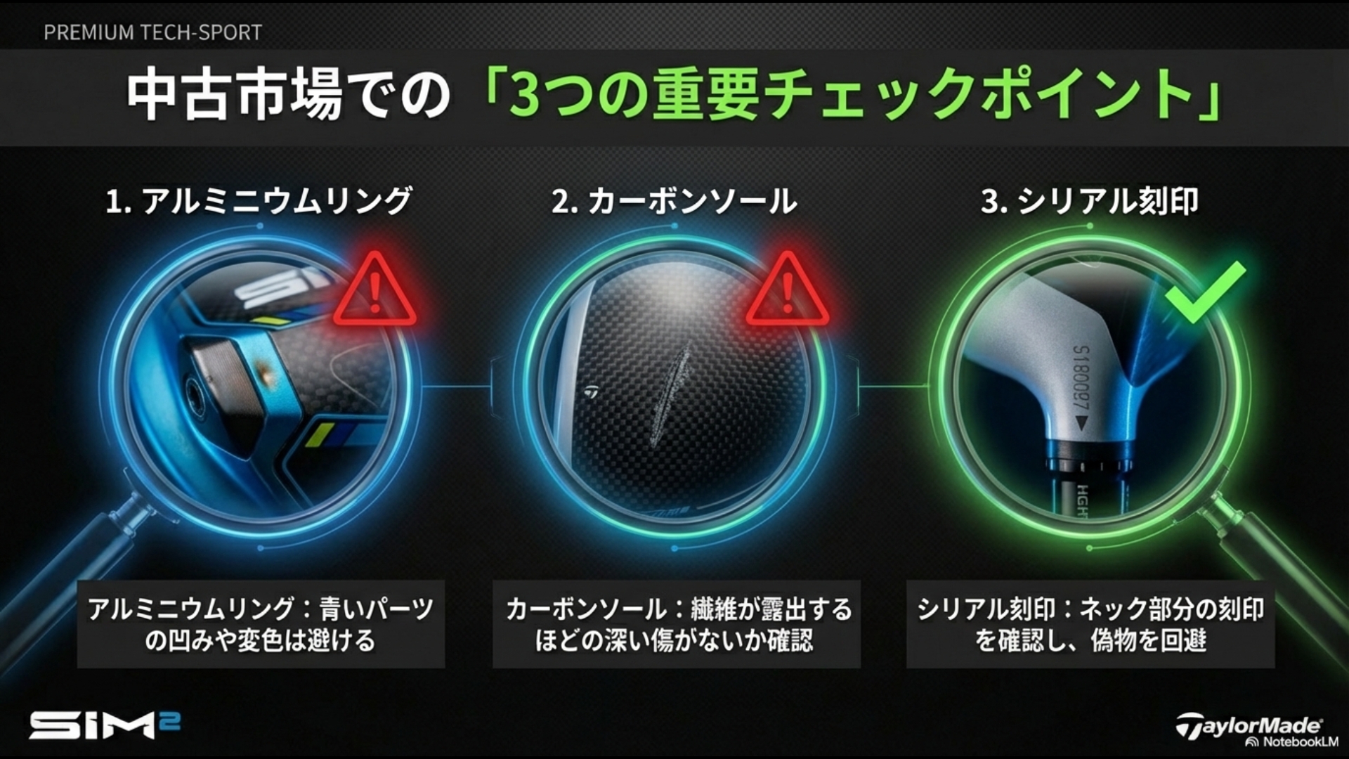 SIM2の中古個体を選ぶ際の注意点。アルミニウムリングの凹み、カーボンソールの深い傷、シリアル刻印の確認ポイント
