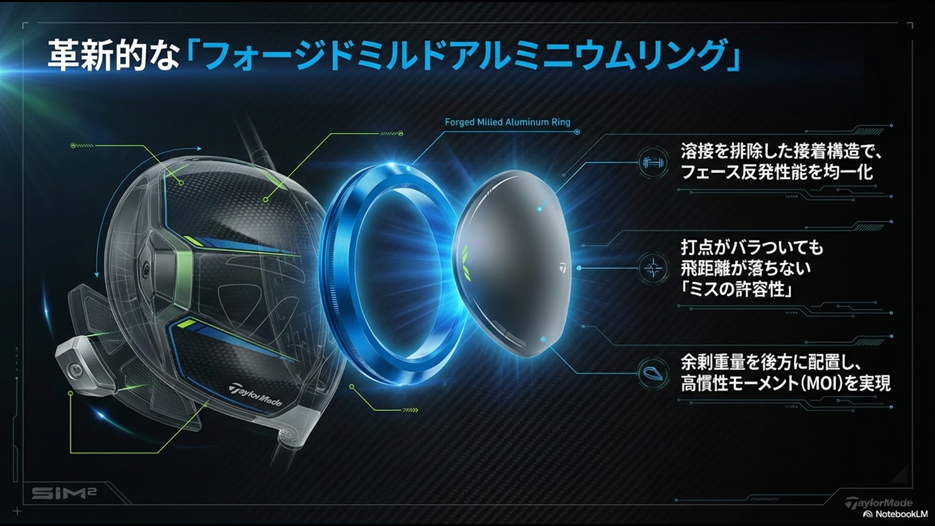 SIM2ドライバーのヘッド構造図。青いアルミニウムリングが各パーツを結合し、ミスへの許容性を高める仕組みの解説