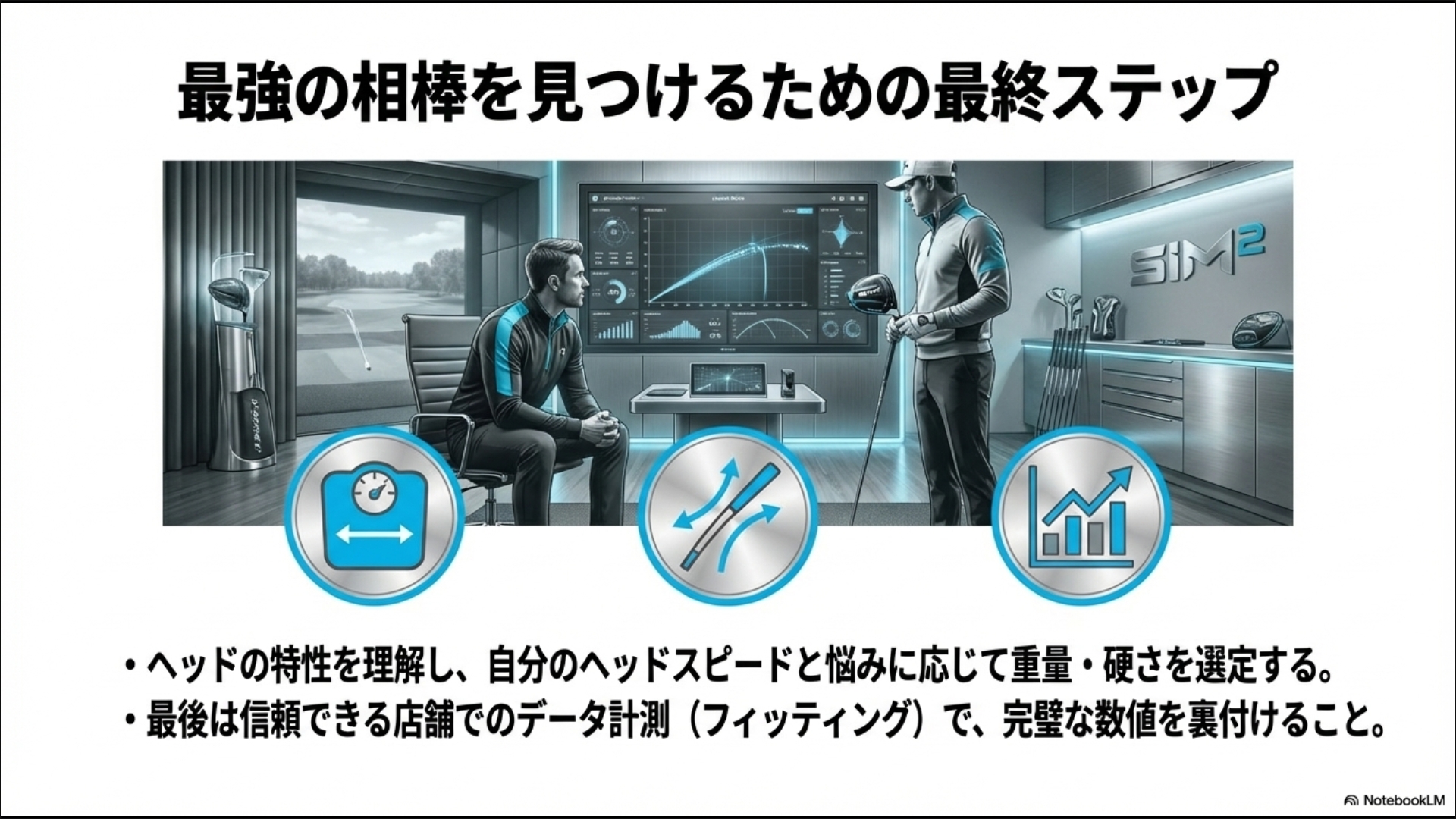 ヘッド特性の理解、重量・硬さの選定、そして店舗でのデータ計測フィッティングを推奨する最終ステップのまとめ。