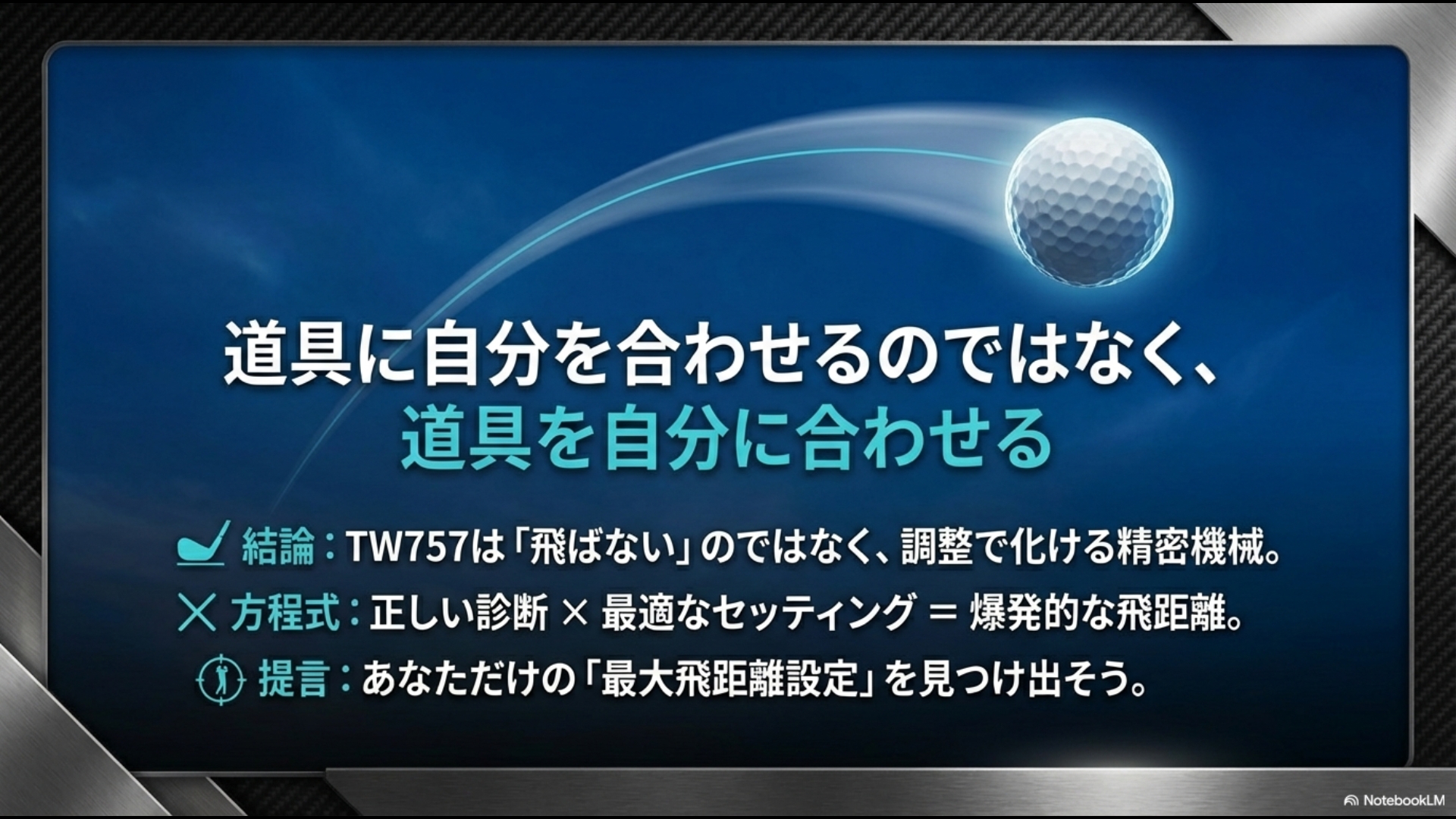 「道具を自分に合わせる」というメッセージと、正しい診断と最適なセッティングが爆発的な飛距離を生むという結論スライド