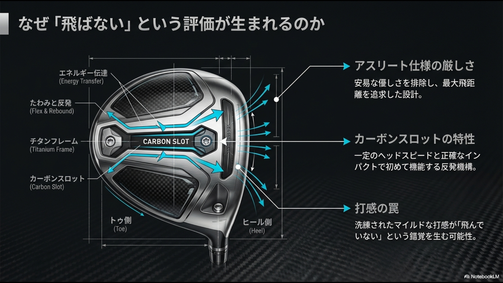 TW757のヘッド構造図。アスリート仕様の厳しさ、カーボンスロットの特性、打感の罠について解説するスライド