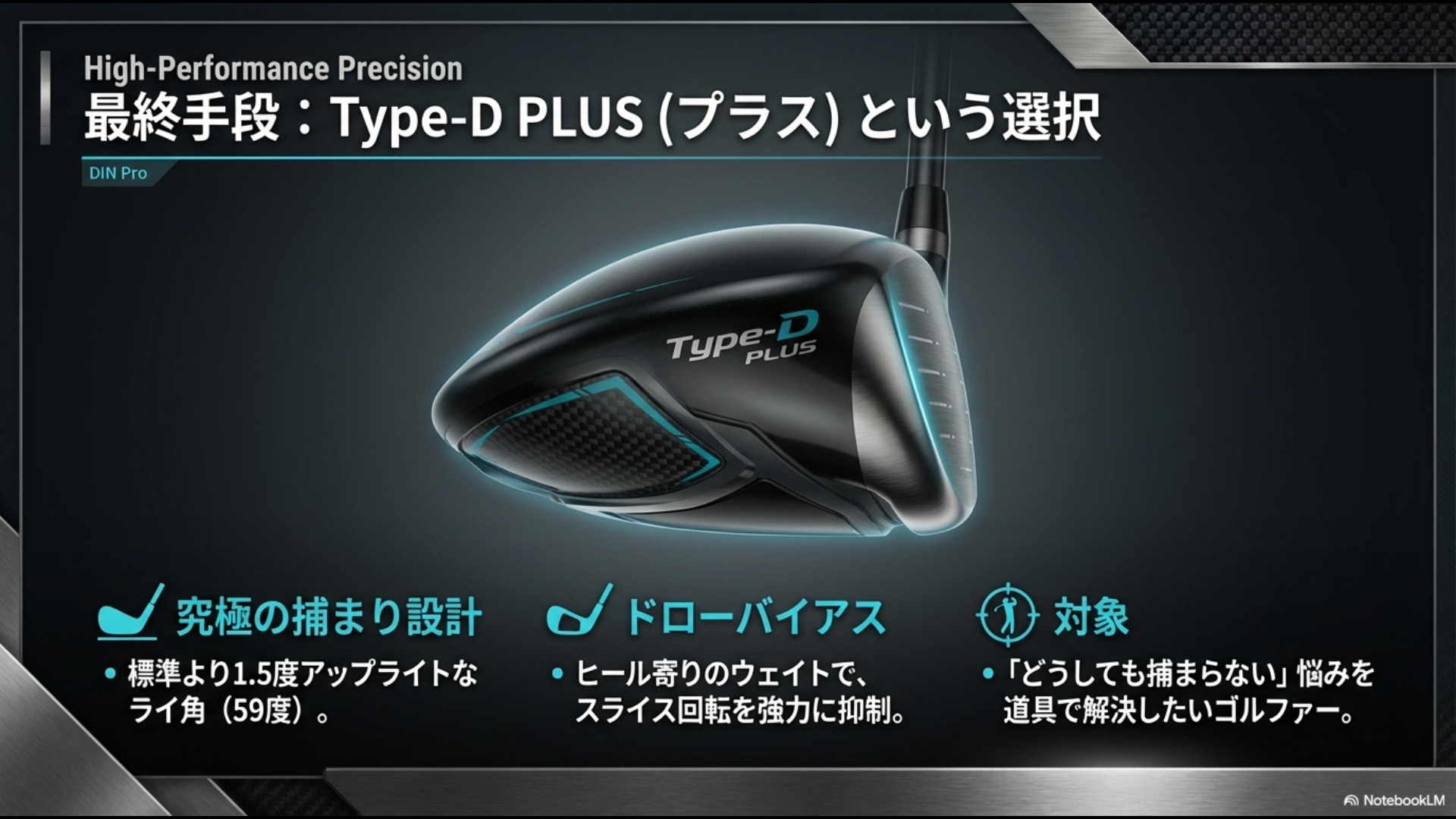 TW757 Type-D PLUS(プラス)のソール画像。アップライトなライ角とドローバイアス設計でスライスを抑制する機能の紹介