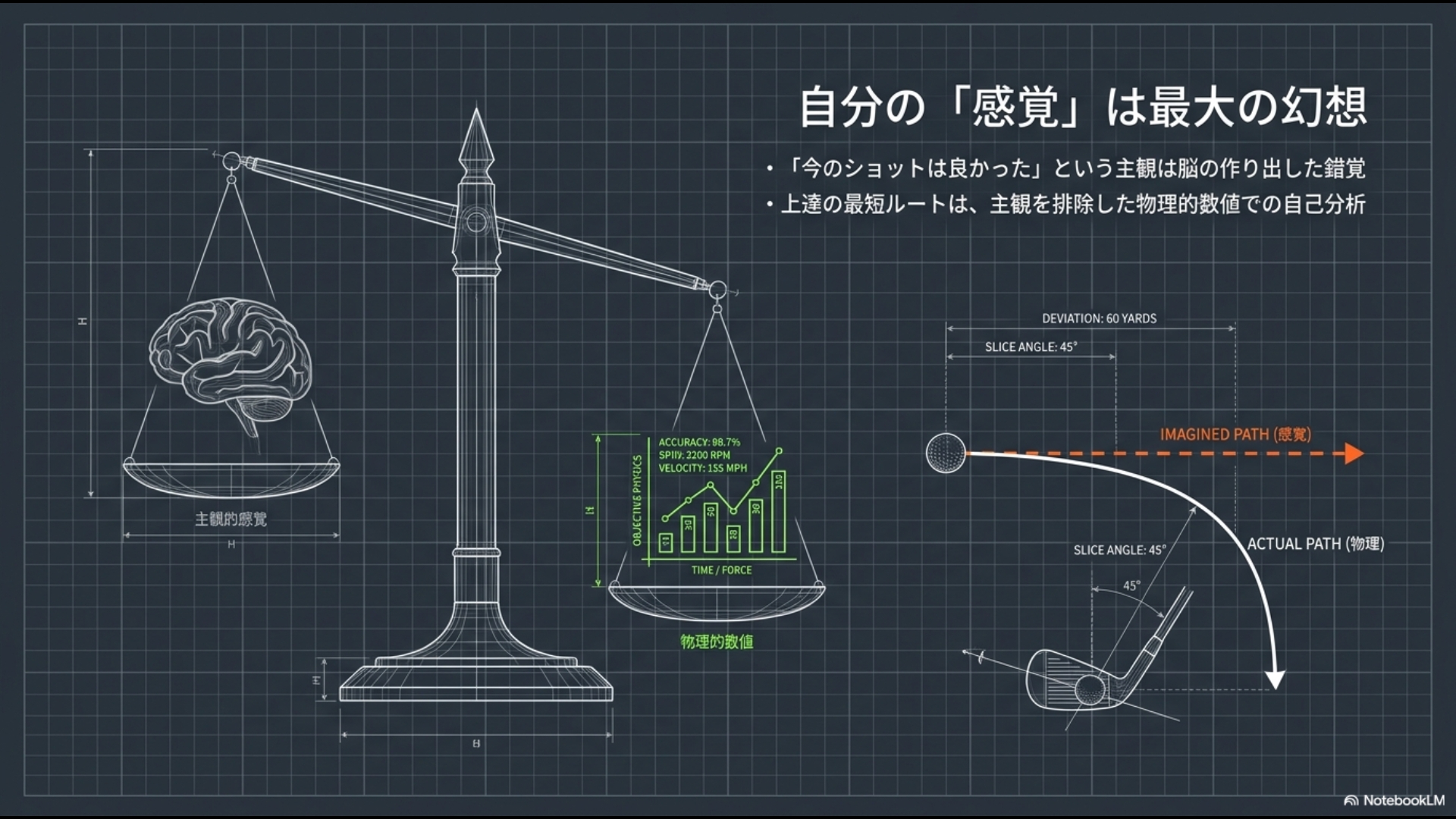 ゴルフの主観的な感覚と物理的な数値の正確さを天秤で比較し、データ管理の重要性を説く概念図