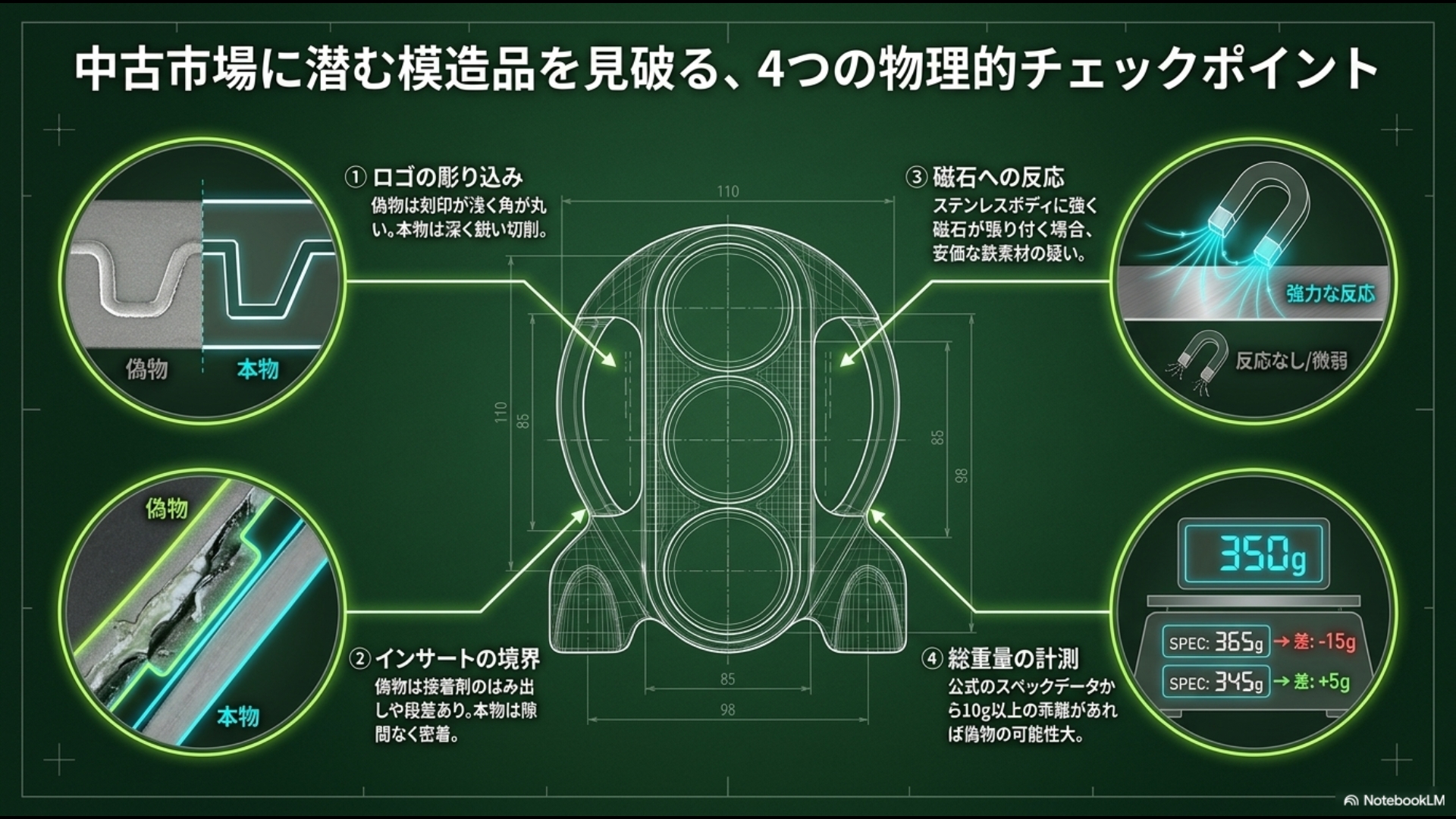 ロゴの彫り、インサートの境界、磁石への反応、総重量の計測など、本物と偽物の構造的な違いを解説した真贋判定マニュアル画像