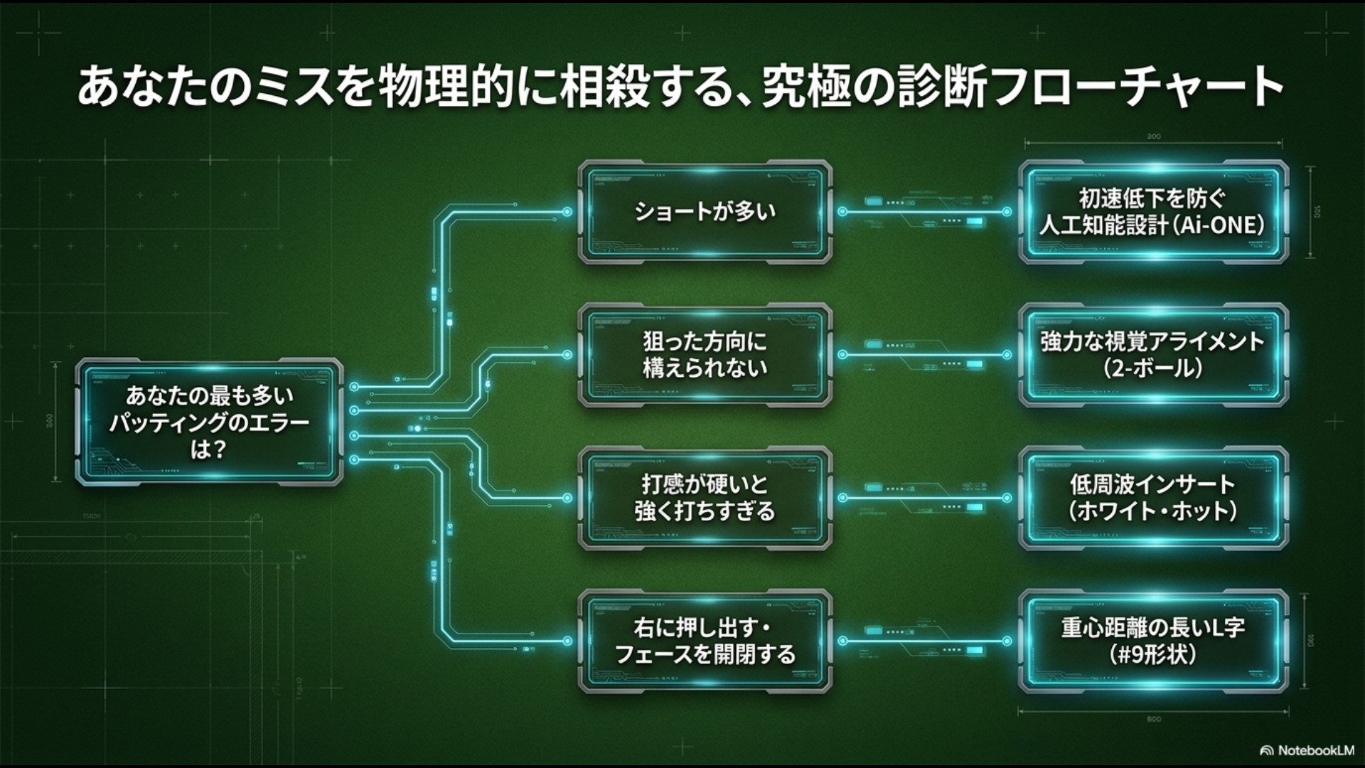 ショートが多い、狙った方向に構えられない、打感が硬いなど、パッティングの悩み別に最適なテクノロジー（Ai-ONE, 2-Ball, ホワイトホットなど）を導き出すフローチャート