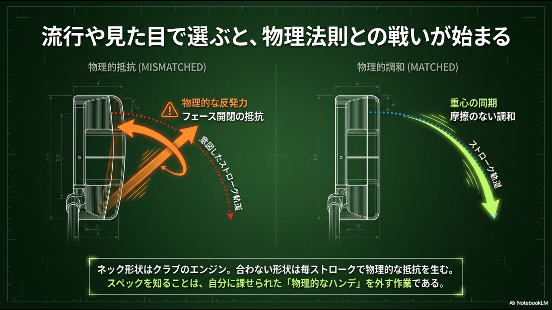 パターのネック形状が不適合な場合の物理的抵抗（フェース開閉の抵抗）と、適合している場合の物理的調和を比較図解した資料
