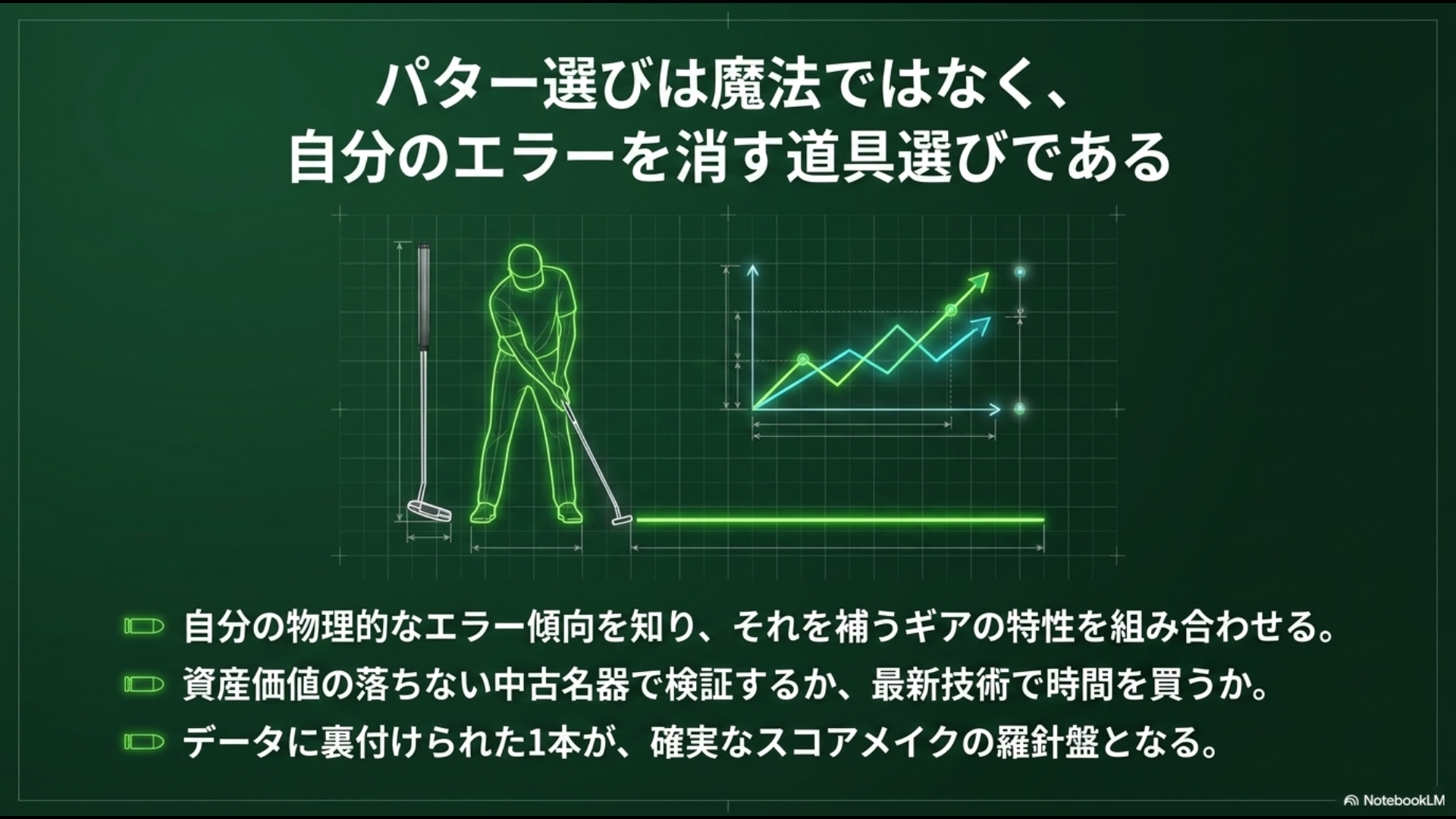 パター選びは魔法ではなく、自分の物理的なエラーを道具の特性で消す作業であるという結論をまとめたスライド