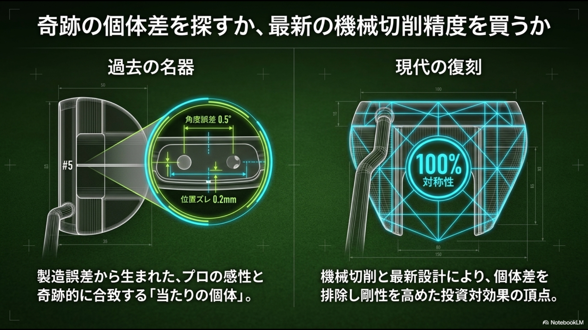過去の名器における製造誤差（当たりの個体）の構造と、現代のCNCミーリングによる100%の対称性・高剛性の違いを比較した図解