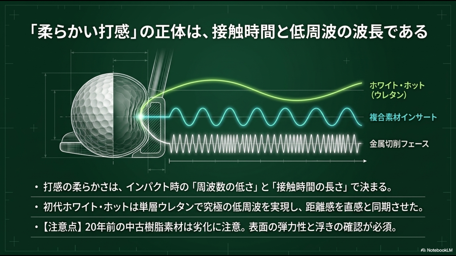 ウレタンインサートの打感が柔らかい理由を、物理的なインパクト時の波形（低周波数）と接触時間の長さで説明したテクニカルスライド