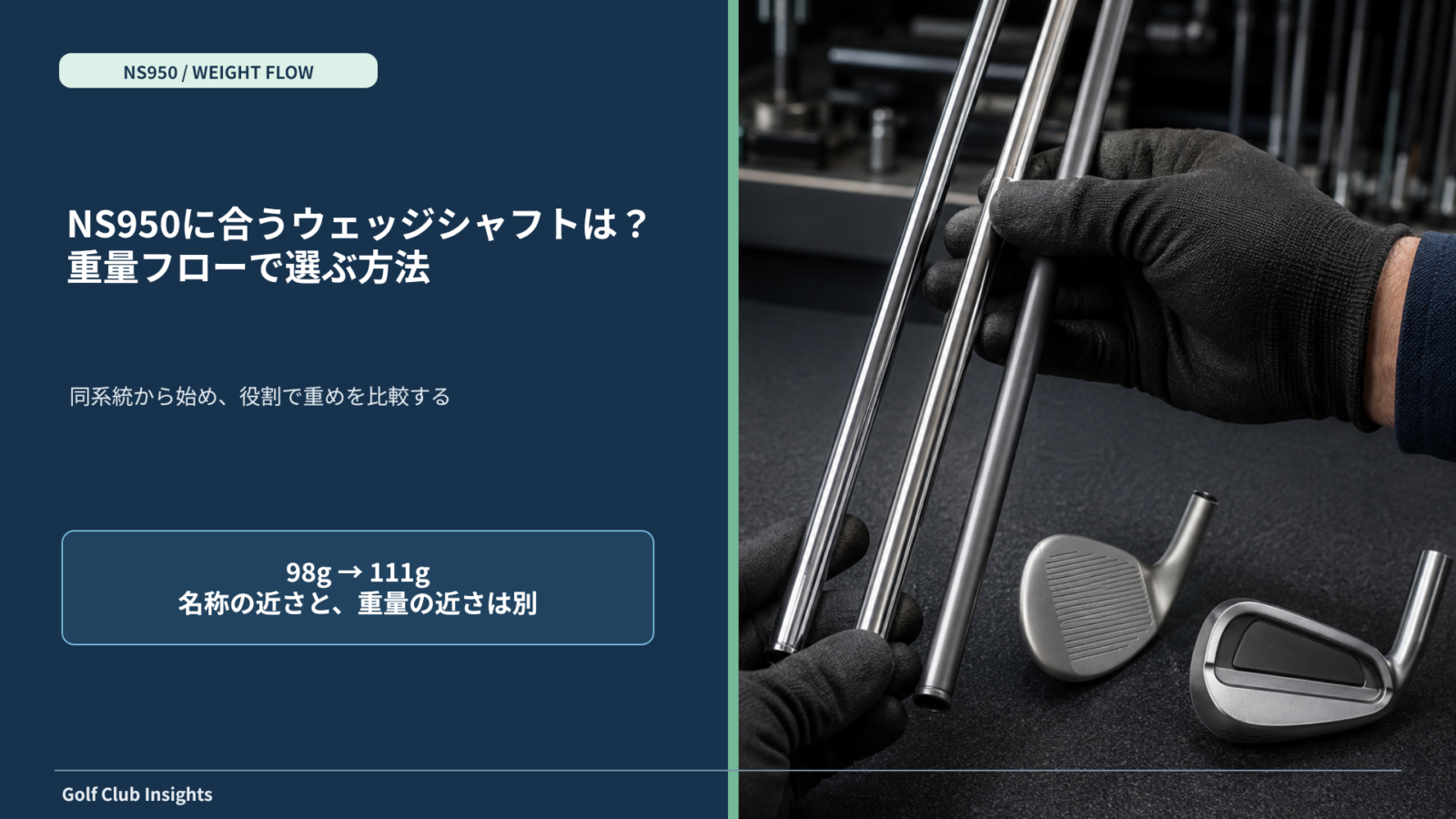 工房で3本の無地シャフトを比較する写真にNS950向けウェッジシャフト選びの記事タイトルを重ねた画像