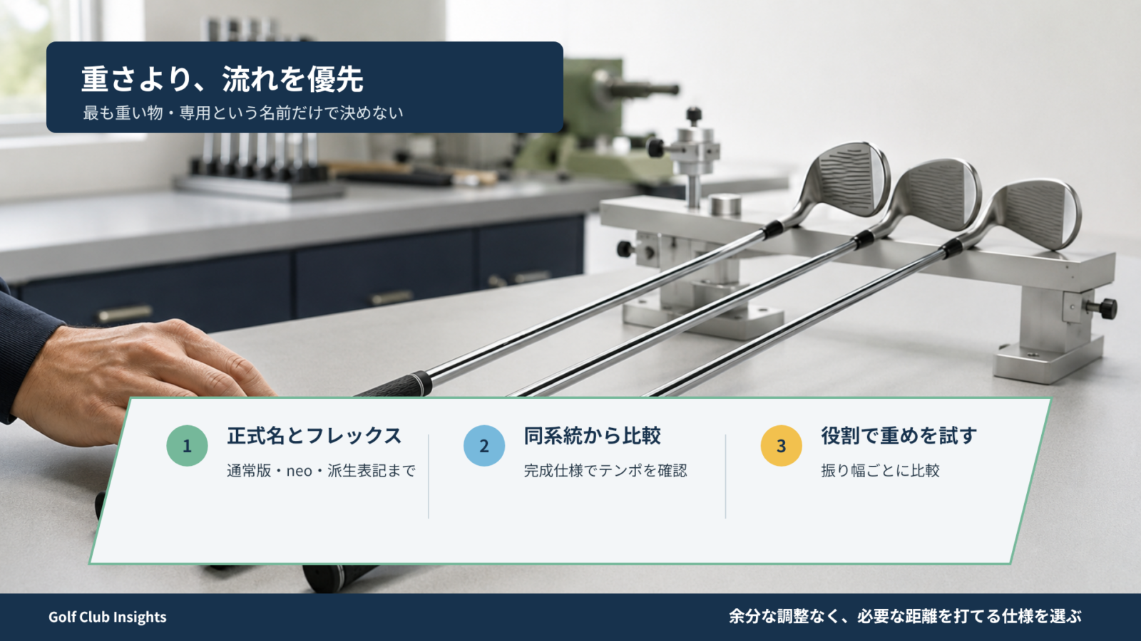 工房で3本の完成クラブを並べ正式名・同系統・役割別試打の順に確認するまとめ