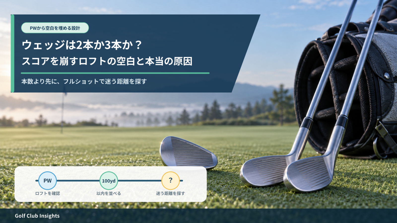 ウェッジを2本か3本か判断するため、PWからのロフトと距離の空白を示すアイキャッチ