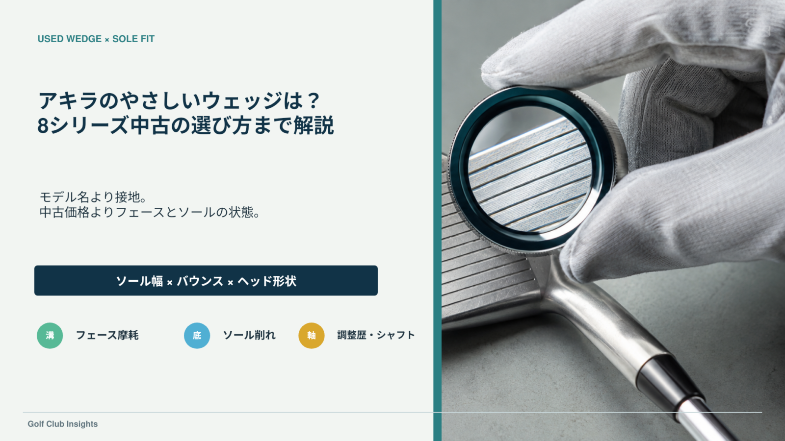 中古ウェッジの溝を確認する写真と、アキラH-8は接地と状態で選ぶという記事タイトル